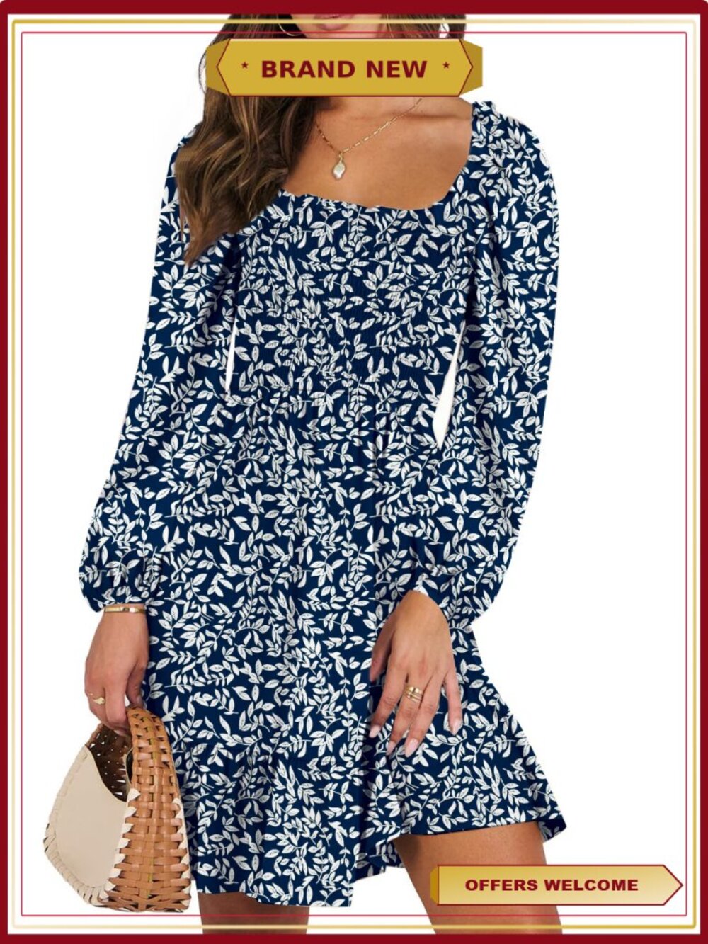 Long Sleeve Square Neck Pleated Flowy Midi Dress